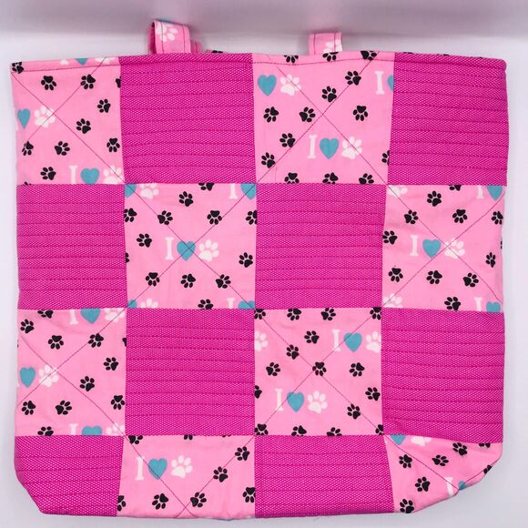 Handmade Tote Bag: Puppy Love Handbag Pink, Teal, Animal Lover Large Bow - Picture 3 of 11